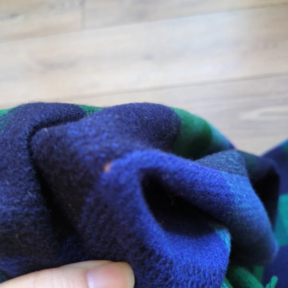 RARE Color Vtg Faribo Wool Blanket Blue Green Plaid Fringed Picnic Stadium 64x50